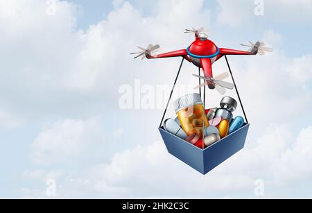 Drone medicine delivery as a modern lifesaving medical distribution concept transporting flying quadrocopter delivering medication cargo. Stock Photo