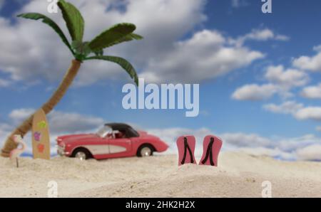 Flip-Flop shoes on Beach With Palm Trees in Background Shallow DOF Stock Photo