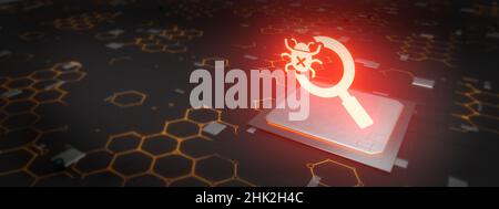 Malware bug in target with magnifier. Scanning Network Vulnerability Virus Malware Ransomware Fraud Spam Phishing Email Scam Hacker Attack IT Security Stock Photo