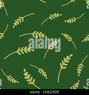 Nature doodle seamless pattern with random branches silhouettes print. Green background. Botanic artwork. Graphic design for wrapping paper and fabric Stock Vector