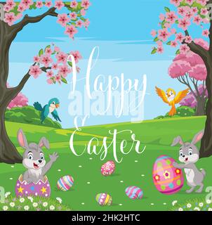 Happy little bunnies cartoon with easter eggs in spring forest Stock Vector