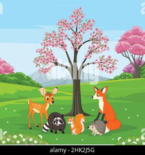 Group of happy animals cartoon in spring forest Stock Vector