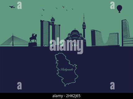 Belgrade city skyline silhouette - illustration,  Town in blue background,  Map of Serbia Stock Vector