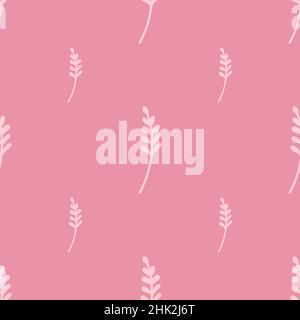 Minimalistic style seamless pattern with outline doodle branches ornament. Pink pastel background. Graphic design for wrapping paper and fabric textur Stock Vector