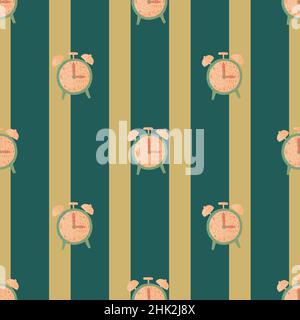 Pink tones alarm clock seamless pattern in gand drawn simple style. Retro watch print with striped background. Great for fabric design, textile print, Stock Vector