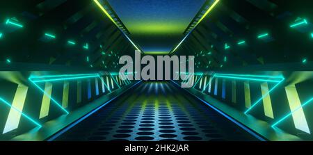 Sci Fi neon lamps in a dark corridor. Reflections on the floor and walls. 3d rendering Stock Photo