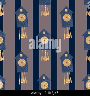 Dark seamless pattern with navy blue and beige colored cuckoo clock print. Striped grey background. Vector illustration for seasonal textile prints, f Stock Vector
