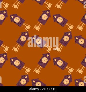 Seamless geometric pattern with purple colored cuckoo clock print. Brick orange colored background. Vector illustration for seasonal textile prints, f Stock Vector