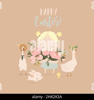 Cute Cartoon Girl with Floral Bouquet, Easter Rabbit and Gooses Stock Vector