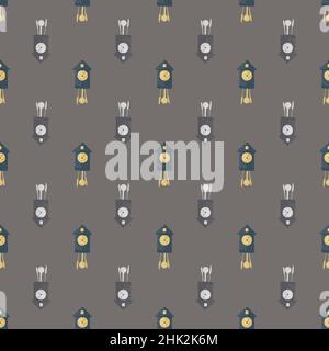 Abstract time seamless pattern with little cuckoo clock shapes. Grey background. Decorative retro print. Vector illustration for seasonal textile prin Stock Vector