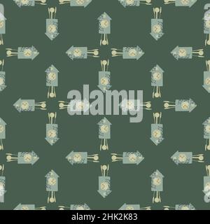 Geometric seamless pattern with abstract blue cuckoo clock ornament. Green dark background. Simple style. Vector illustration for seasonal textile pri Stock Vector