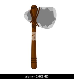 Axe of stone age on white background.Bludgeon from wood and stone in flat style vector illustration. Stock Vector