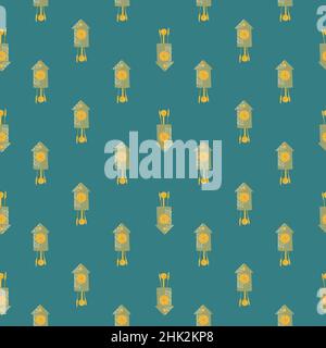 Antique timer seamless pattern with orange cuckoo clock elements ornament. Turquoise bright background. Vector illustration for seasonal textile print Stock Vector