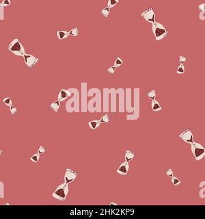 Random seamless pattern with simple style hourglass ornament. Pink background. Pastel tones backdrop. Vector illustration for seasonal textile prints, Stock Vector