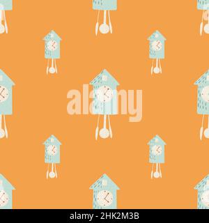Contrast seamless pattern with light blue colored cuckoo clock print. Orange background. Simple style. Vector illustration for seasonal textile prints Stock Vector
