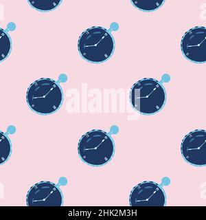 Creative morning reminder seamless pattern with navy blue stopwatch clock print. Pink pastel background. Decorative backdrop for fabric design, textil Stock Vector