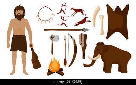 Set neanderthal. Different tools for caveman hammer, axe, spear, bow, arrow, stick, necklace, bone, campfire, animal, mammoth Prehistoric period men i Stock Vector