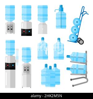 Set cooler for water on white backdrop. Cooler and bottle office, water delivery service, delivery cart with bottles in style flat vector illustration Stock Vector