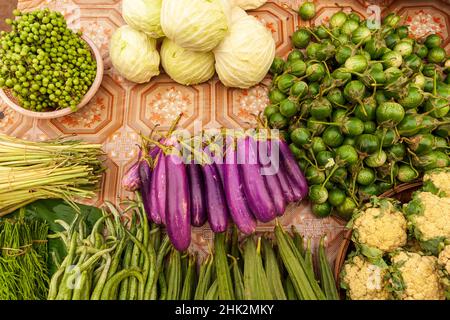 Food at market, Vientiane, Capital of Laos, Southeast Asia Stock Photo