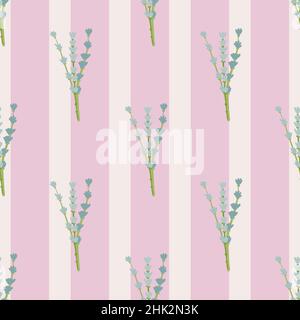 Hand drawn seamless pattern with hand drawn blue lavender ornament. Pink striped background. Great for fabric design, textile print, wrapping, cover. Stock Vector