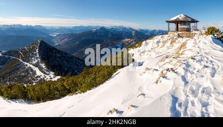 View towards the summit pavilion. View from Mt. Herzogstand near lake Walchensee. Germany, Bavaria Stock Photo