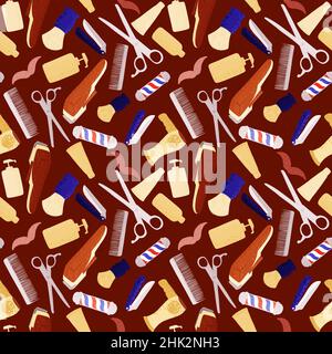 Seamless pattern hairdressing in doodle on brown background. Vintage retro instruments in bright colours for barber. Modern creative flat style. Vecto Stock Vector