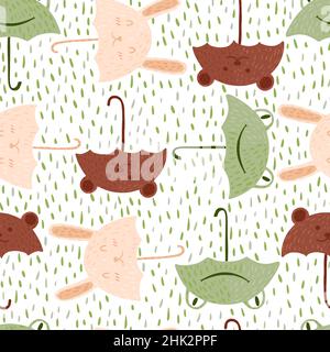 Seamless pattern umbrellas animals on white background with dashes. Funny cartoon characters bunny, frog and bear. Cute animals for children fashion. Stock Vector
