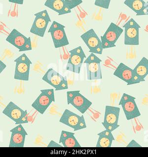 Antique cuckoo clock seamless doodle pattern with blue random print. Pastel tones background. Vector illustration for seasonal textile prints, fabric, Stock Vector