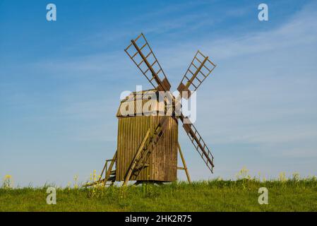 Sweden, Oland Island, Lerkaka, antique wooden windmills Stock Photo