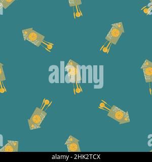 Minimalistic style seamless pattern with green and orange colored cuckoo clock print. Turquoise background. Vector illustration for seasonal textile p Stock Vector
