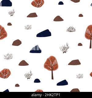 Seamless pattern trees and stones on white background. Abstract texture decoration from tree, rock and bushes. Fashion of autumn for print. Vector ill Stock Vector