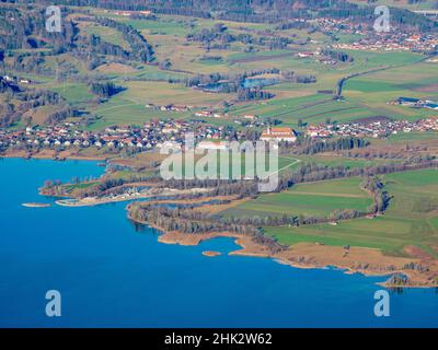 River mouth of river Loisach into lake Kochelsee near Schlehdorf. View from Mt. Jochberg near lake Walchensee towards lake Kochelsee and the foothills Stock Photo