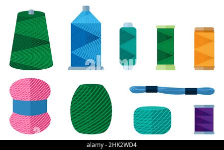 Set threads for needlecraft on white background. Kit for handmade skein yarn, spool threads in style flat illustration. Stock Vector