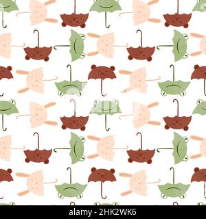 Seamless pattern umbrellas animals on white background. Funny cartoon characters bunny, frog and bear. Cute animals for children fashion. Vector illus Stock Vector