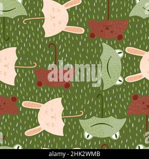 Seamless pattern umbrellas animals on green background with dashes. Funny cartoon characters bunny, frog and bear. Cute animals for children fashion. Stock Vector