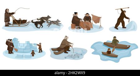 Set Eskimo isolated on white background. Different composition people, sledding, fishing, hunting, sewing, boating, igloo construction. Character desi Stock Vector