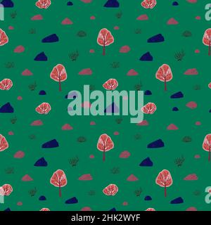 Seamless pattern trees and stones on green background. Abstract texture decoration from tree, rock and bushes. Fashion of autumn for print. Vector ill Stock Vector