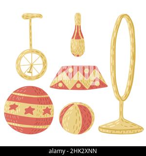Set circus props isolated on white background. Collection carnival equipment for shows. Training instruments ring, podium, balls, unicycle, juggle clu Stock Vector