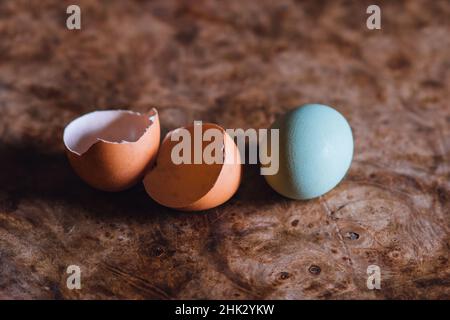 cracked brown egg and blue egg sitting on burl wood table Stock Photo