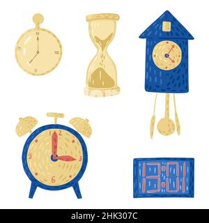 Set watches isolated on white background. Collection Different clock. Digital, sand, with cuckoo, antique, pocket, retro. Abstract sketch alarms for f Stock Vector