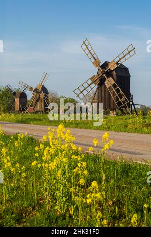 Sweden, Oland Island, Lerkaka, antique wooden windmills Stock Photo