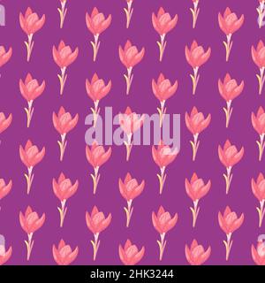 Summer bright seamless pattern with decorative pink crocus flower shapes on purple background. Flat vector print for textile, fabric, giftwrap, wallpa Stock Vector