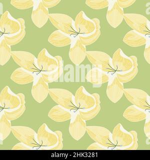 Yellow and green outline orchid flowers silhouettes seamless pattern on light green background. Graphic design for wrapping paper and fabric textures. Stock Vector