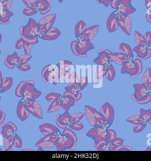 Garden seamless pattern with botanic purple random orchid flowers on blue background. Simple style. Graphic design for wrapping paper and fabric textu Stock Vector