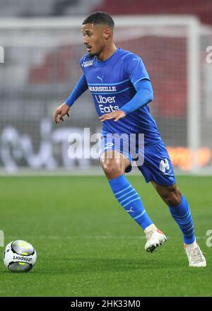 Lyon, France. 1st Feb, 2022. William Saliba of Olympique De Marseille during the Uber Eats Ligue 1 match at the Groupama Stadium, Lyon. Picture credit should read: Jonathan Moscrop/Sportimage Credit: Sportimage/Alamy Live News Stock Photo