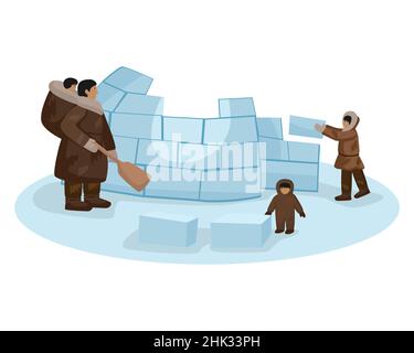 Composition Traditional family Eskimo constructing igloo from ice cubes isolated on white background. Woman and children building house with a shovel. Stock Vector