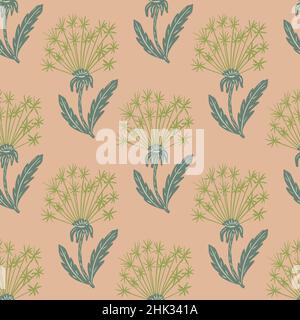 Nature botanic seamless pattern with green dandelions and blue leaves ornament. Pink pale background. Great for fabric design, textile print, wrapping Stock Vector