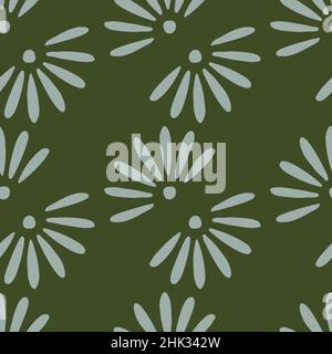 Blue big chamomile flowers seamless pattern in hand drawn style. Green dark background. Vintage floral print. Flat vector print for textile, fabric, g Stock Vector