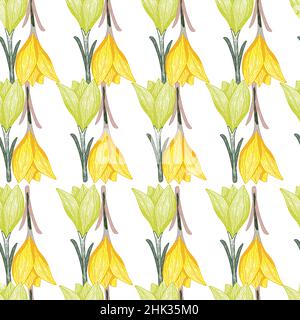 Scrapbook seamless isolated pattern with green and yellow crocus flowers shapes. White background. Graphic design for wrapping paper and fabric textur Stock Vector