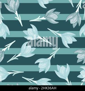 Random seamless nature botanic pattern with blue crocus flower elements. Striped background. Bloom spring print. Flat vector print for textile, fabric Stock Vector